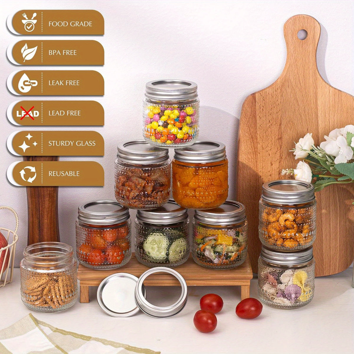 Small Mason Jars with Lids 8oz, 12 Pack Vintage Clear Glass Regular Mouth Storage Jars with Silver Metal Lids for Honey Jam and DIY Decor