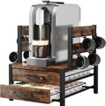 Coffee Pod Organizer with Mug Holder, Rustic Brown Countertop Storage Rack with Sliding Drawer, Single or Double Tier Options for Home Coffee Bar