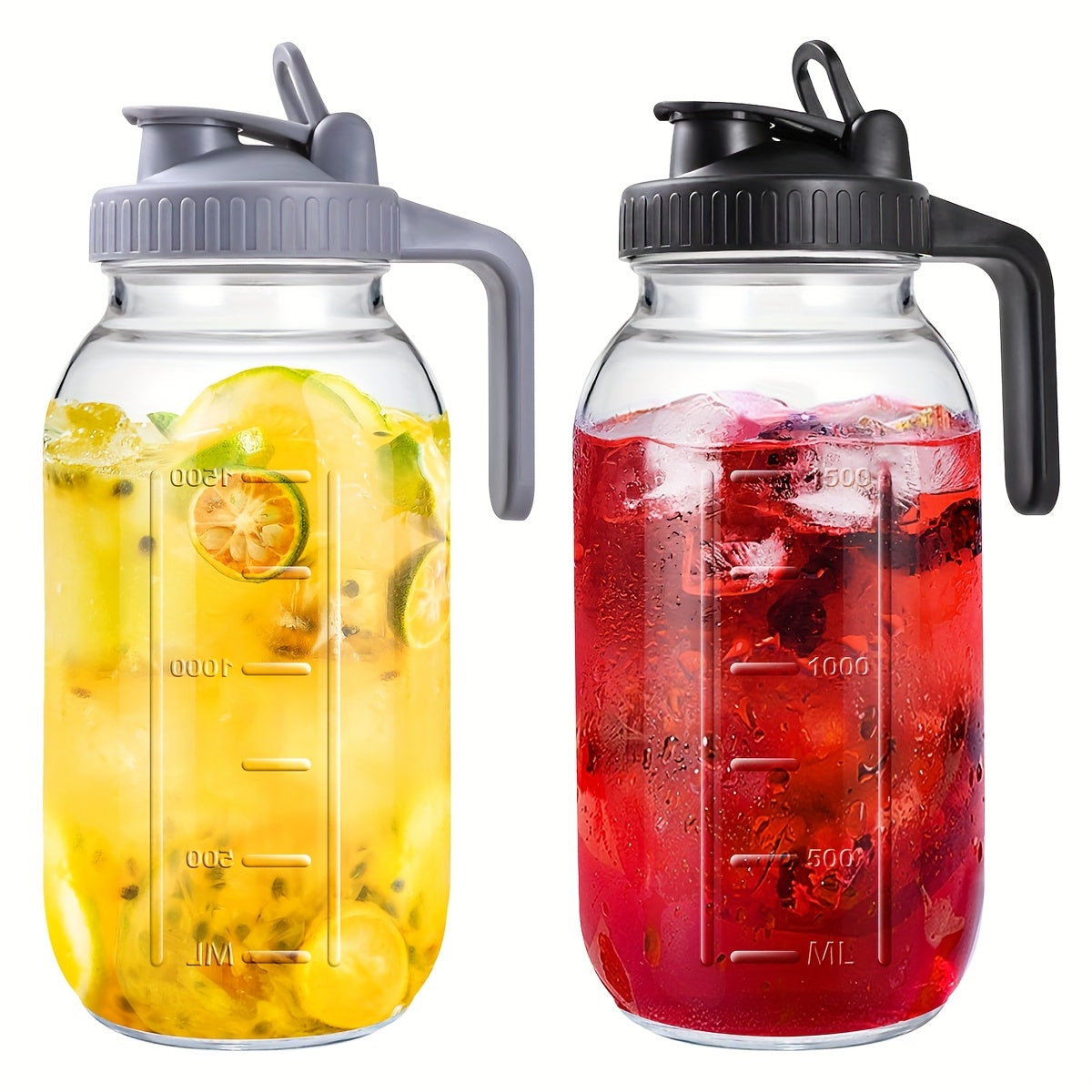 2/3pcs Thickened Glass Water Pitcher, Black/Gray, 64oz Mason Cold Brew Bottle, with Sealed Leak-Proof Lid, Lead-Free Glass Material, Breast Milk Jug, Refrigerator Storage, Coffee, Family Dinner Water Cup (2/3pcs)