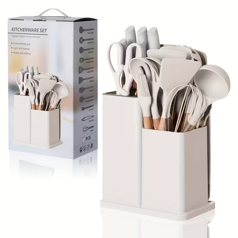 19pcs Non-Stick Silicone Cookware Set with Bamboo Storage Containers And Knives - Heat-Resistant Pots, Pans, Utensils - Kitchen Tools for Frying, Boiling - for Induction Stovetops And Ovens (Wooden Handle)