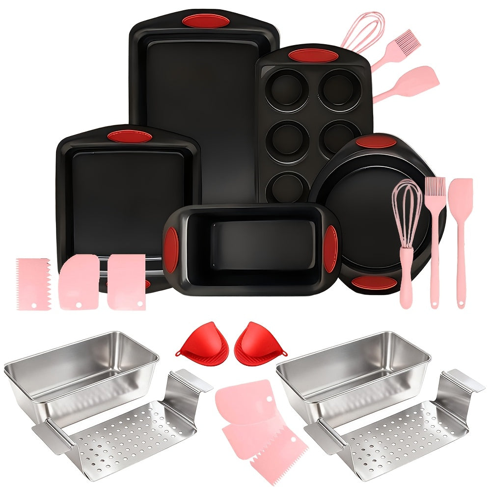 2/3/6/12/23pcs Non-Stick Baking Sheet Set, Assorted Size Cookie Trays with Orange & Blue Silicone Handles, in Gray, Black & Golden, Stackable Bakeware for Baking & Roasting