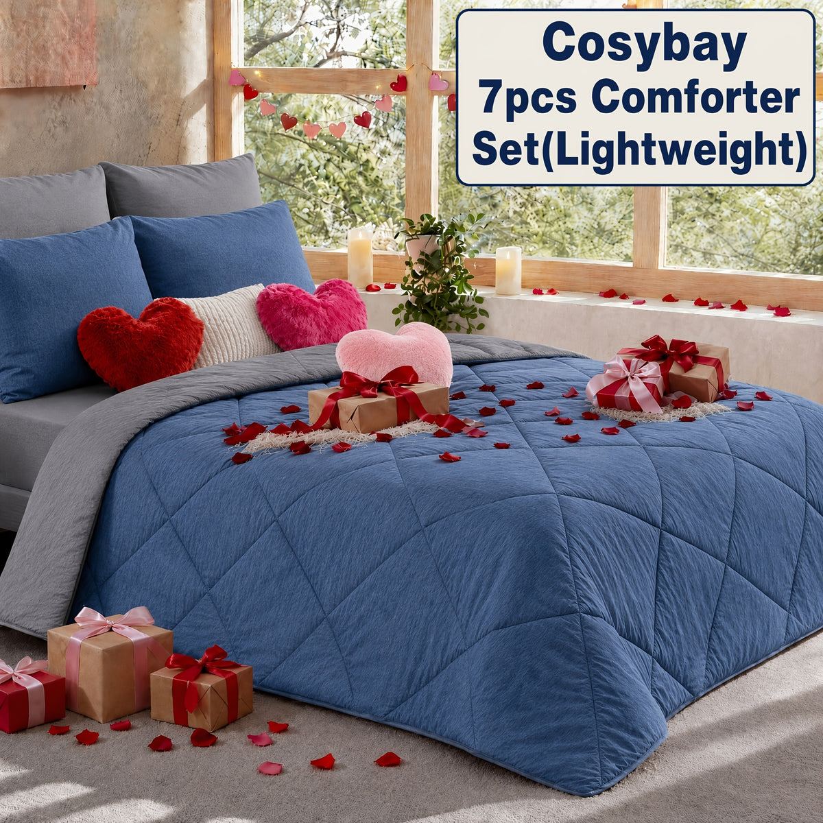 Cosybay 7 Piece Pinch Pleated Comforter Set Queen King Size, Luxury Soft Fluffy Bedding Includes 1 Comforter, 1 Extra Deep Pocket Fitted Sheet, 1 Flat Sheet, 4 Pillowcases & Pillow Covers, Perfect for Halloween Party, Holiday Celebrations & Birthday