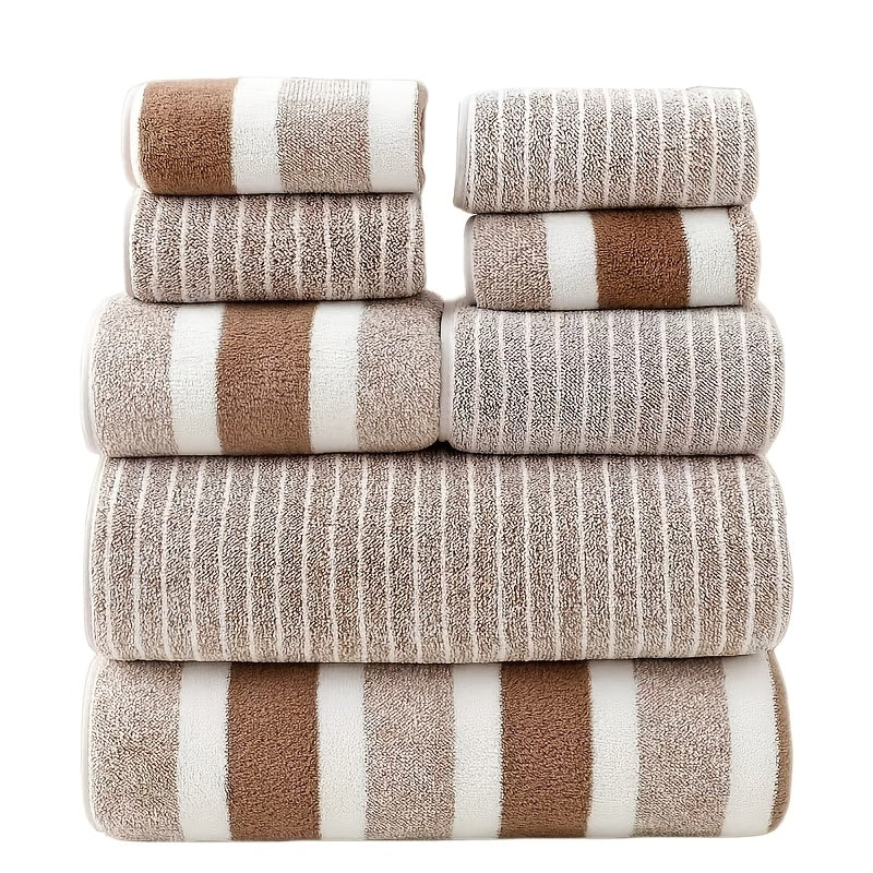 8pcs Set, No Hair Loss, Super Absorbent, Super Soft Two-Color Striped Interval Bath Towel Combination, Including 2 Large Bath Towels, 2 Large Face Towels, 4 Hand Towels