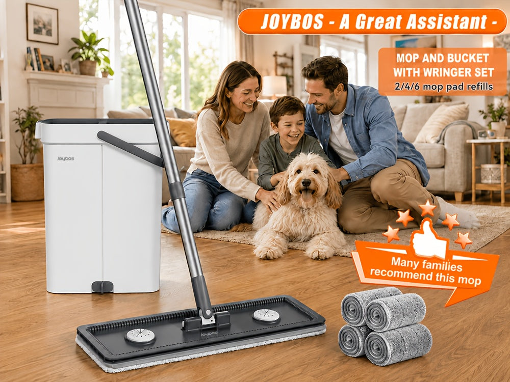 Microfiber Flat Mop and Bucket Set with Wringer, Slim Storage Bucket and Swivel Head with 2 or 4 Washable Pads for Floor and Window Cleaning