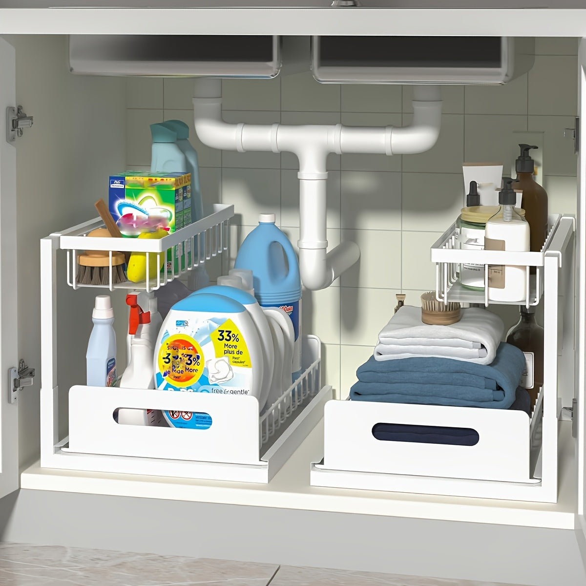 2-Tier Under Sink Organizers And Storage, Under Sink Organizer, Slide Out Pull Out Cabinet Organizer Shelf, Metal Sliding Drawer for Kitchen Bathroom Pantry Cabinet Closet Organization Rack (1 PACK/2 PACK)