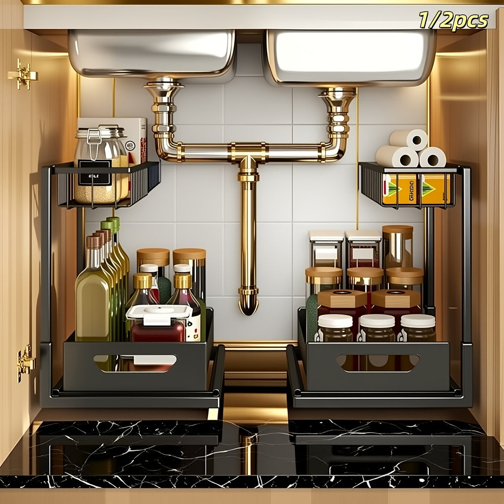 2-story Kitchen Sink Storage Containers, Push-pull Cabinet Organizer, Kitchen and Bathroom Organizers and Storage, Study, Tabletop, Metal Sliding Drawers, Practical and Convenient Kitchen Accessories Essentials, Kitchen Organizers and Storage