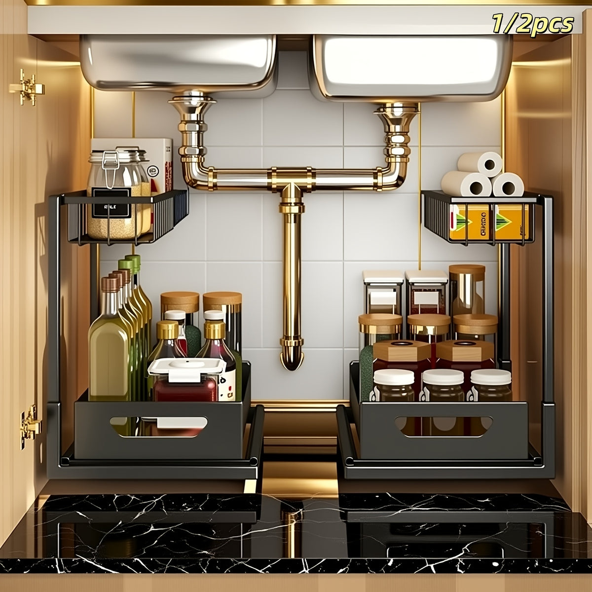 2-story Kitchen Sink Storage Containers, Push-pull Cabinet Organizer, Kitchen and Bathroom Organizers and Storage, Study, Tabletop, Metal Sliding Drawers, Practical and Convenient Kitchen Accessories Essentials, Kitchen Organizers and Storage
