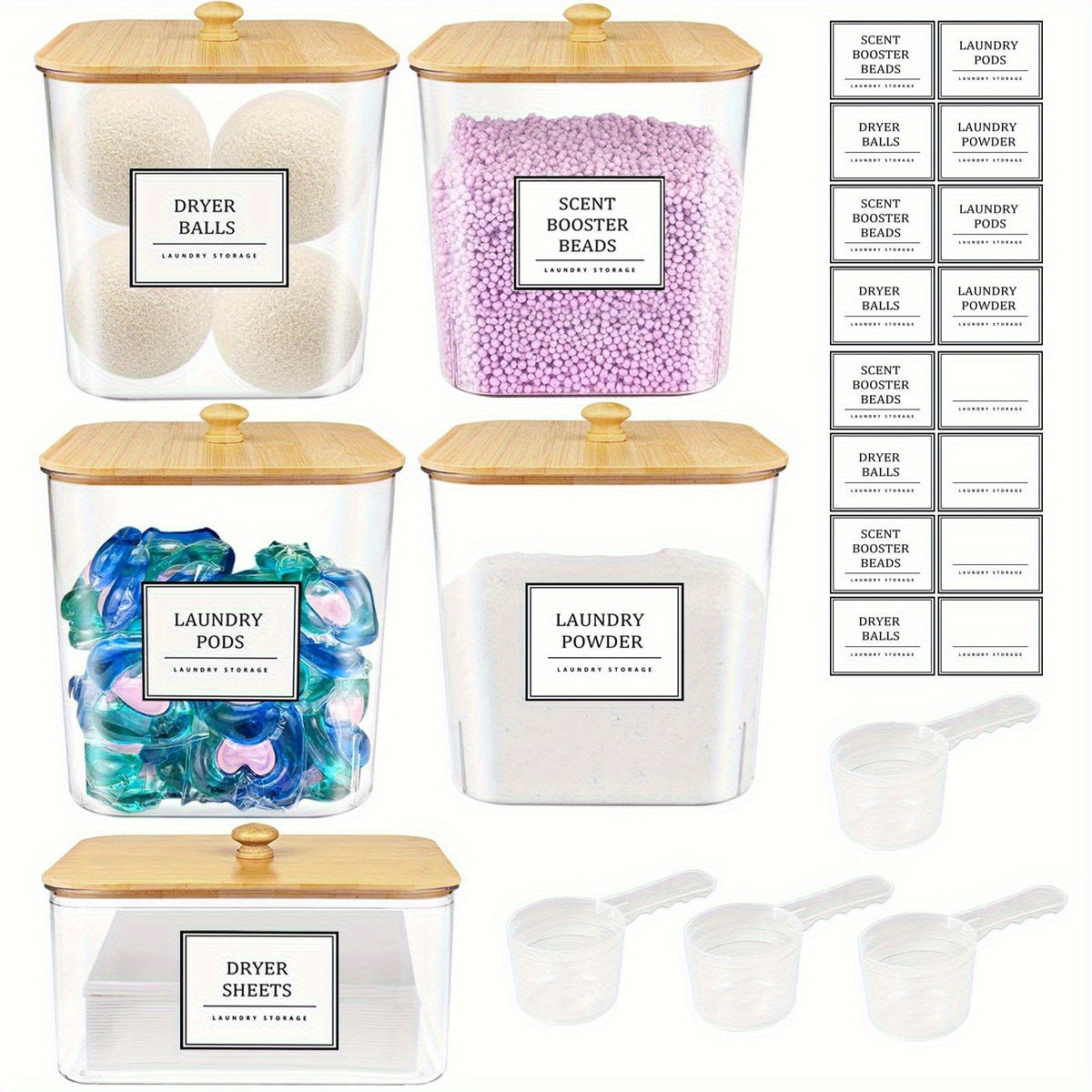 2/3/4+1 Pack Laundry Organization And Storage And Dryer Sheet Holder Set, Clear Laundry Room Organization Containers with Bamboo Lids And Labels, Laundry Pods Holder for Scent Booster, Powder, Pod