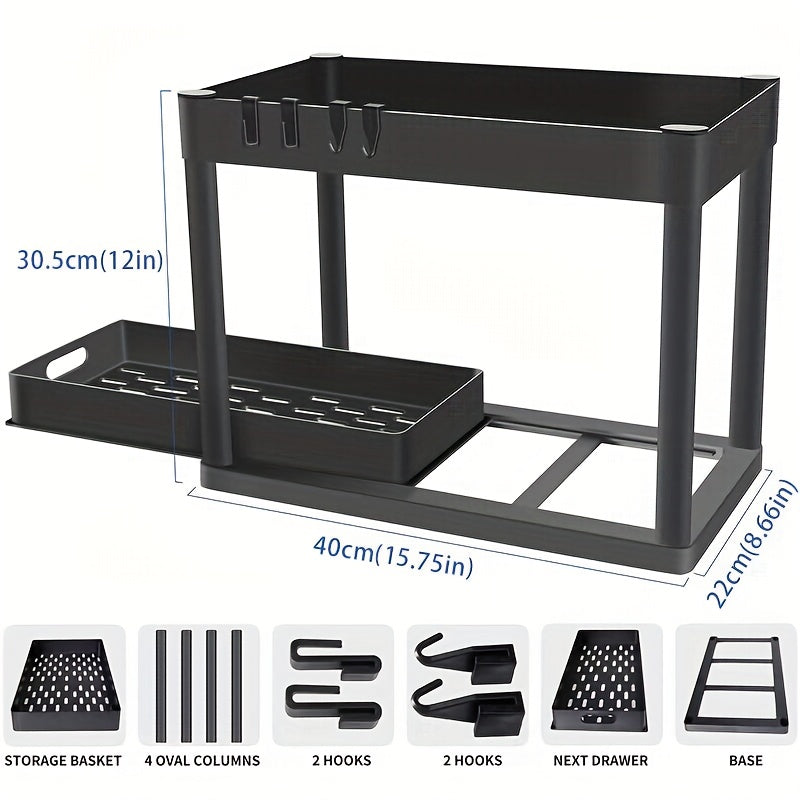 Set of 2 Under-Sink Organizers, Bathroom Cabinet Storage Solution, Dual-Tier Sliding Basket Drawers, Versatile Bath Collection Baskets for Under-Counter Storage with 8 Hooks