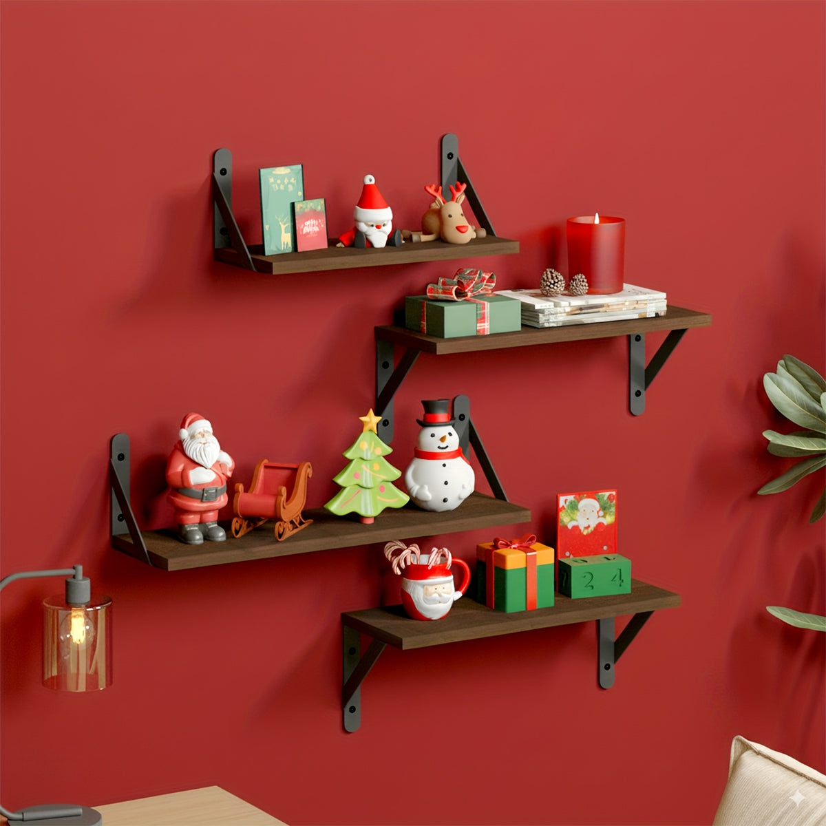 Floating Display Shelves, 4-Piece Wall Mounted Storage Set in Wood Color, Walnut Color or Black and White for Bedroom, Bathroom and Living Room Decor