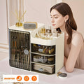 Makeup Organizer Cabinet with 3 Drawers, Top Storage and Transparent Side Door for Cosmetics, Skincare and Bathroom Vanity Organization in Black or Cream White