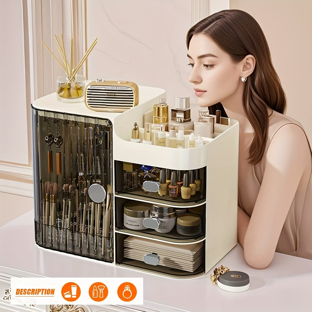 Makeup Storage Box And Beige Care Product Storage Box, A High-capacity Cosmetic Storage Solution. Cosmetic Storage Cabinet with 3 Drawers And Mirrors, Colored Contact Lenses Display Case Bathroom Vanity Organizer, for Home And Bathroom Storage