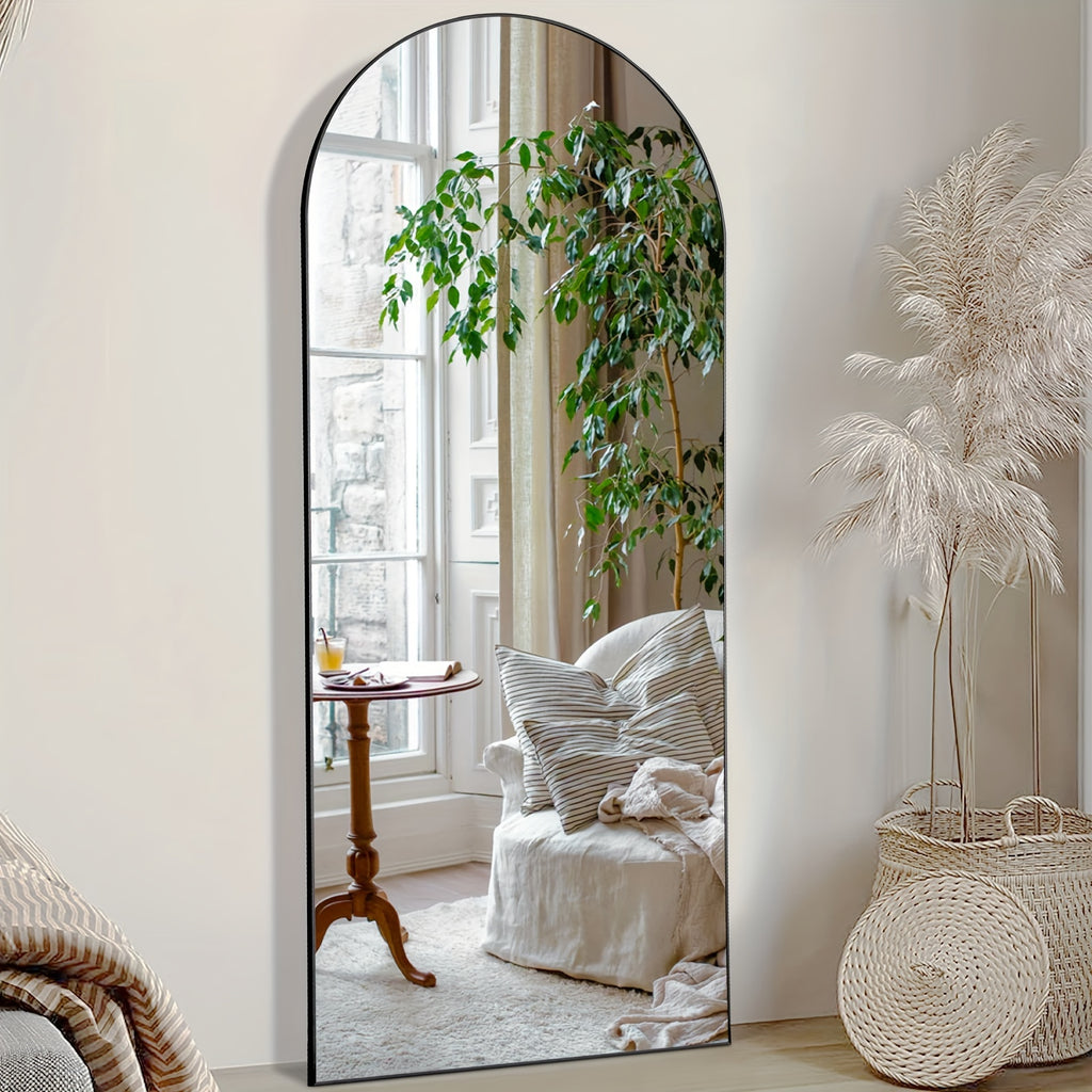 Arched Full Length 64" X 21"/ 59"x16"Mirror With Stand, Floor Mirror With Aluminum Alloy Frame For Bedroom, Standing Full Body Mirror With Shatter-Proof Nano Glass For Wall, Living Room, Cloakroom