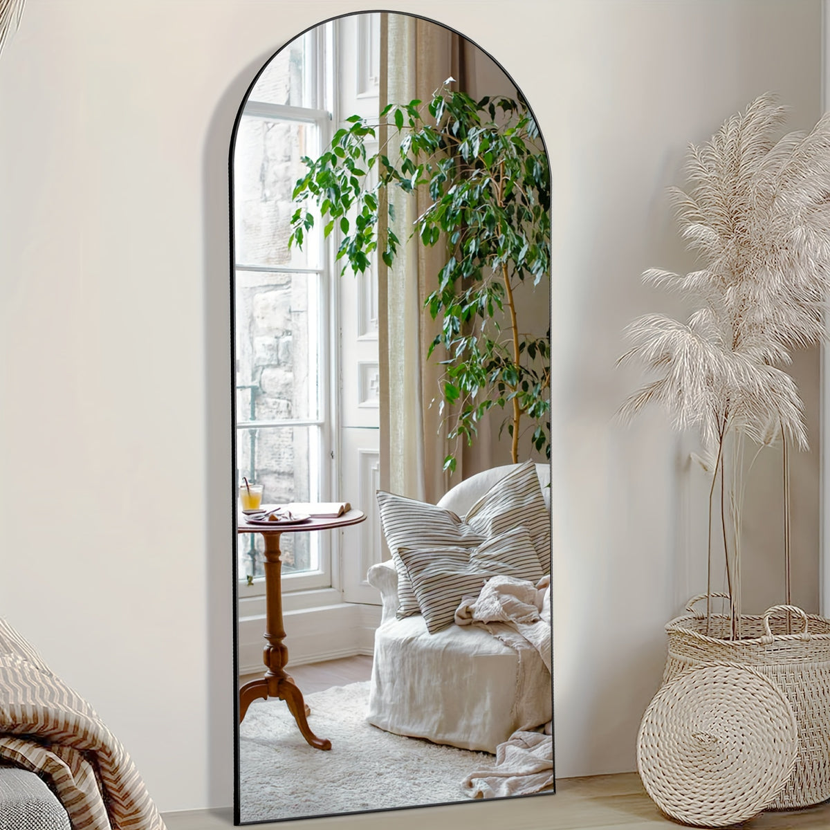 Arched Full Length 64" X 21"/ 59"x16"Mirror With Stand, Floor Mirror With Aluminum Alloy Frame For Bedroom, Standing Full Body Mirror With Shatter-Proof Nano Glass For Wall, Living Room, Cloakroom