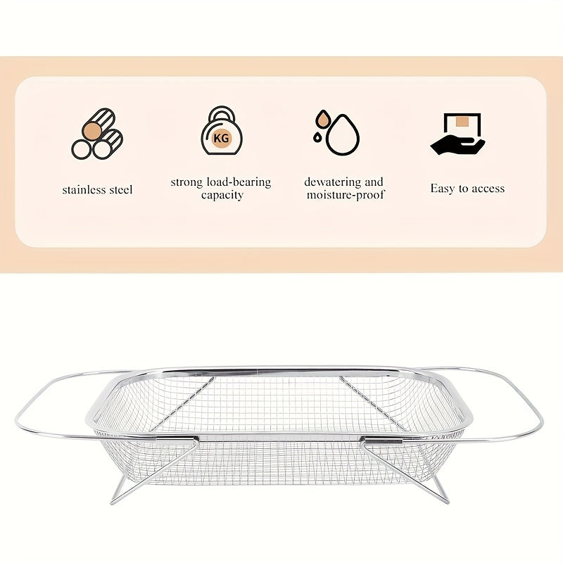 Large Expandable Stainless Steel Colander – Adjustable Folding Design, Portable Telescopic Fruit and Vegetable Rack, Food-Grade Durable Kitchen Essential, Produce Washing Basket, Easy-to-Clean Material