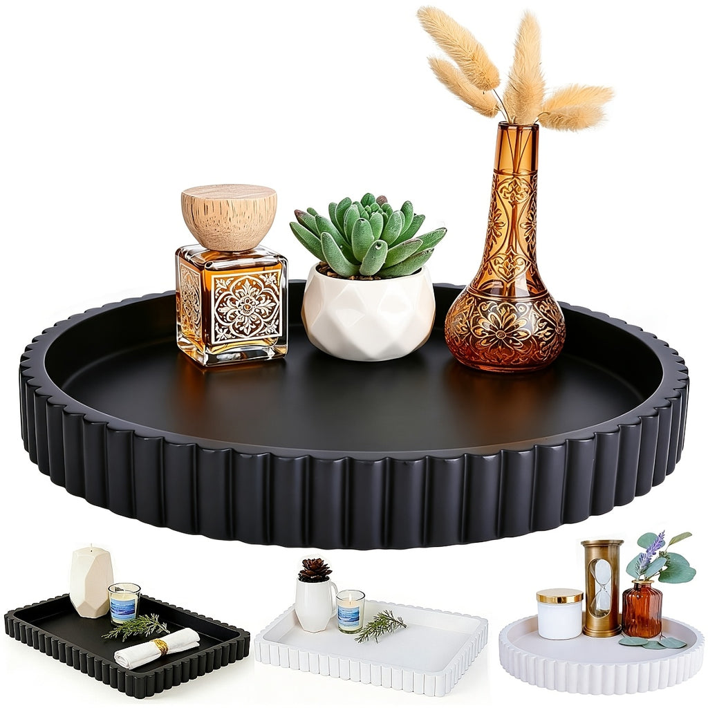 Fluted Wood Decorative Tray, Black or White Round and Square Options for Coffee Table Centerpieces, Jewelry Organization and Modern Living Room Decor