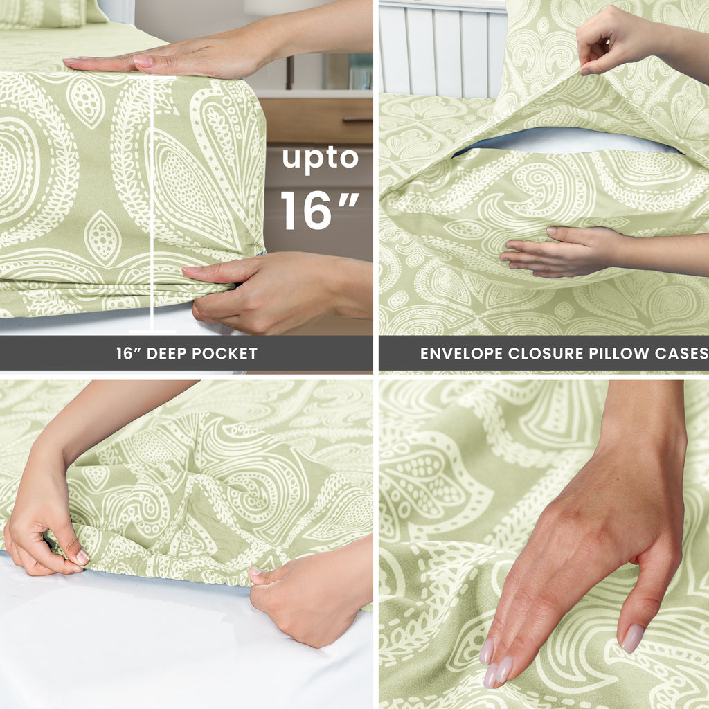 Paisley Bed Sheet Set, Soft Double Brushed Microfiber Bedding with 16-Inch Deep Pocket Fitted Sheet and Pillowcases in Six Sizes for Bedroom Comfort