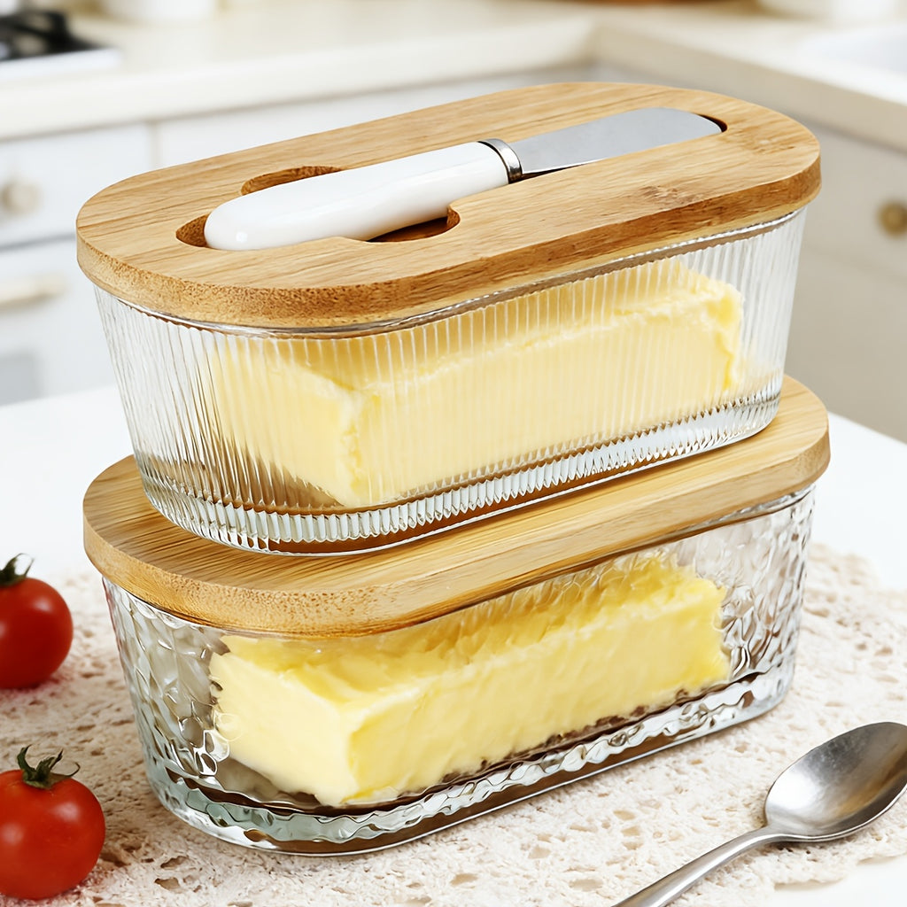 Glass Butter Dish with Airtight Sealed Lid - Preserves Butter Freshness, Butter Keeper for Countertop & Refrigerator Door Storage, Hygienic Butter Tray Suitable for The Fridge - Covered Butter Dishes with Lid