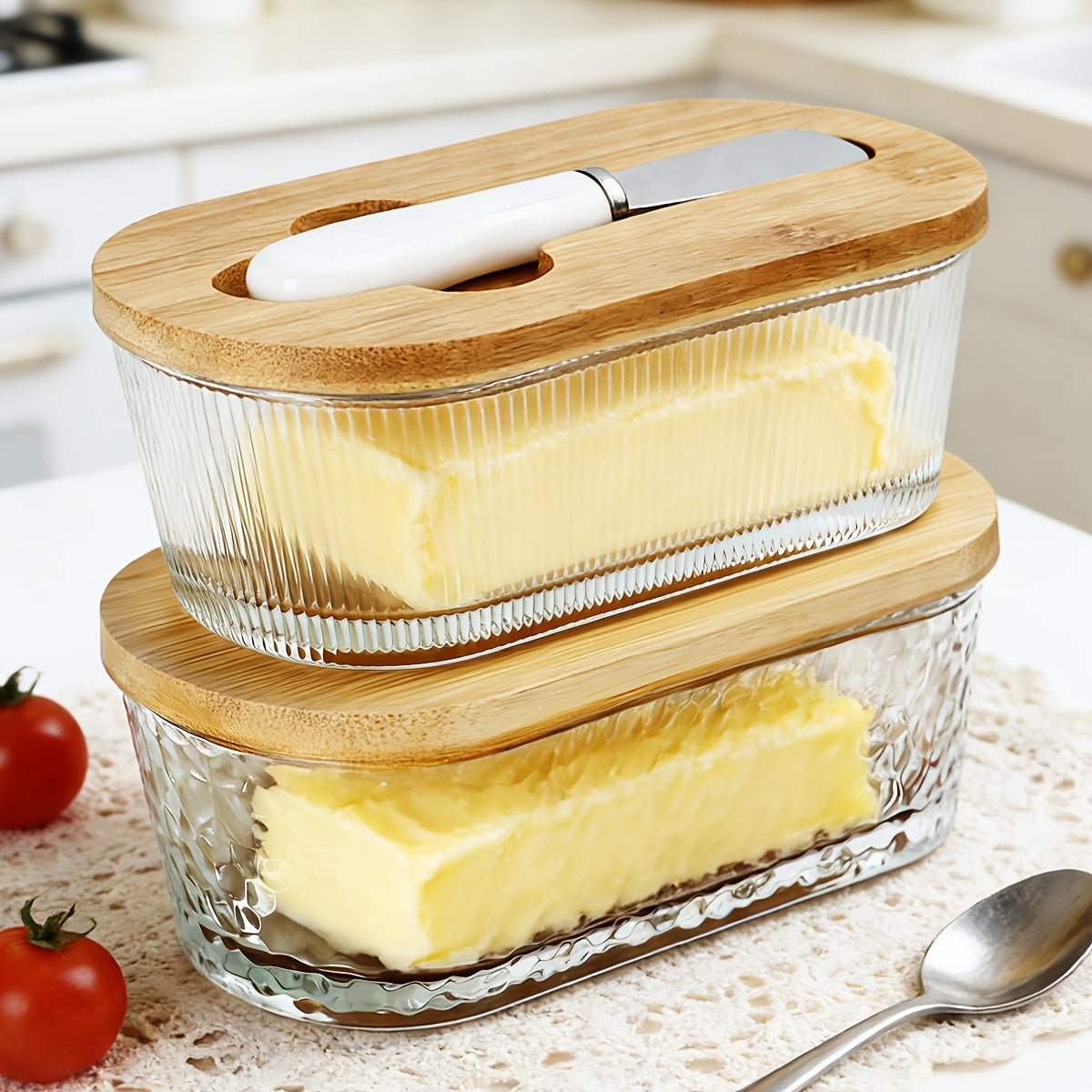 Glass Butter Dish with Airtight Sealed Lid - Preserves Butter Freshness, Butter Keeper for Countertop & Refrigerator Door Storage, Hygienic Butter Tray Suitable for The Fridge - Covered Butter Dishes with Lid