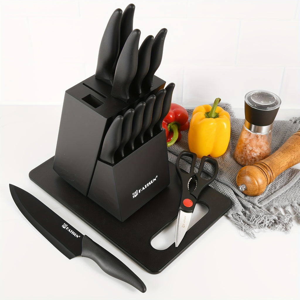 15pcs Professional Black-Coded Kitchen Knife Set With Black Wooden Block, Non-Slip ABS Handle Chef'S Knife, Plastic Cutting Board, And Kitchen Shears. Ideal For Home And Restaurant Use. The Perfect Gift For Thanksgiving, Christmas, And New Year.