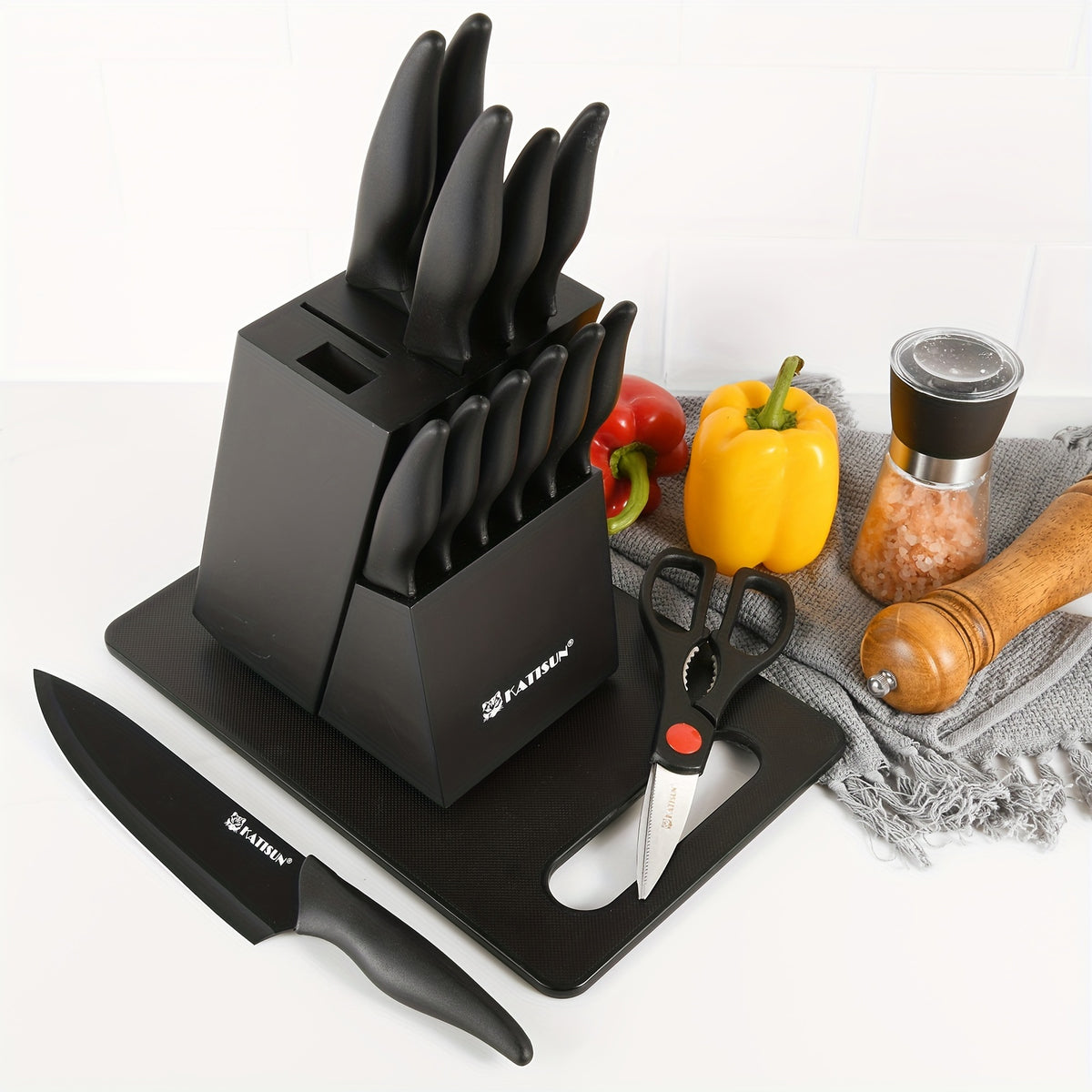 15pcs Professional Black-Coded Kitchen Knife Set With Black Wooden Block, Non-Slip ABS Handle Chef'S Knife, Plastic Cutting Board, And Kitchen Shears. Ideal For Home And Restaurant Use. The Perfect Gift For Thanksgiving, Christmas, And New Year.