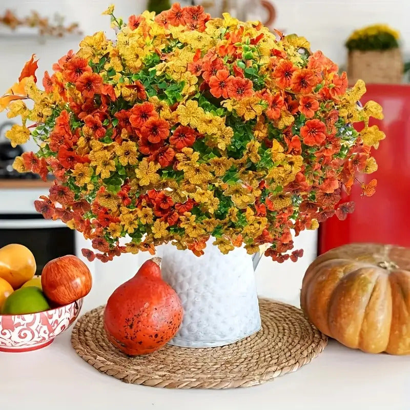 8 Artificial Autumn Bouquets- UV-resistant Non-fading Orange Chrysanthemum Decoration, Suitable for Home, Porch, Garden, Wedding Decoration- Four Seasons Indoor/outdoor Decoration, Low Maintenance Design, Durable Plastic Material, Multi-scene Autum