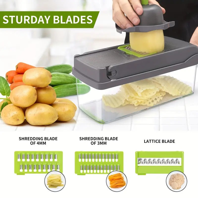 16-In-1 Vegetable Chopper, Professional Onion Chopper, Multi-Functional Food Chopper, Kitchen Vegetable Slicer And Dicer, Vegetable Chopper with 8 Blades, Carrot Chopper with Container Father Gift