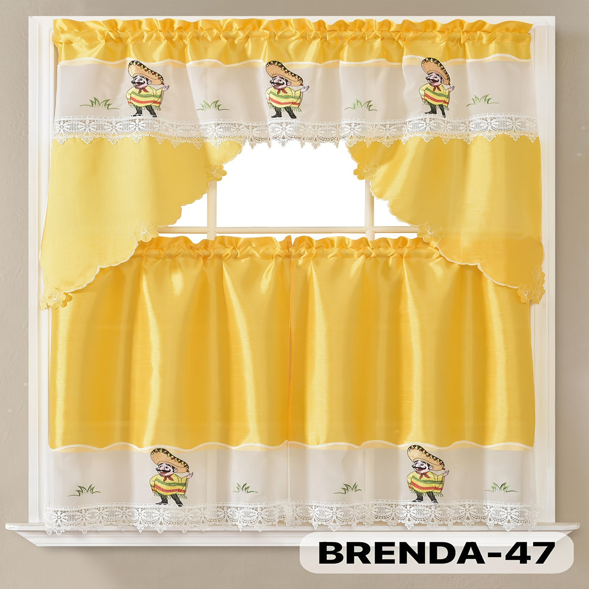 3pcs Bamboo Embroidered Kitchen Curtain Set, Floral Embroidery, Lightweight and Soft, Easy Care, Machine Washable, Satin Fabric, Embroidered