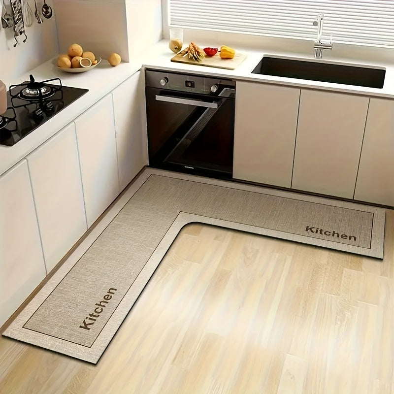 Kitchen mat with "Kitchen" text - Non-slip backing, ultra-soft microfiber, striped and solid colors, irregular shape. Suitable for entryways and dining area entrances - Easy to clean home decor, modern kitchenware style, machine-made for durability