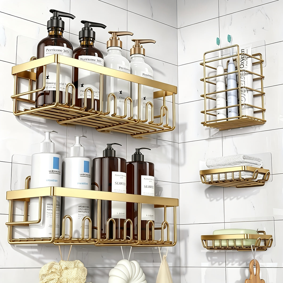 Shower Caddy Organizer, 5-Pack Adhesive Rustproof Stainless Steel Shower Shelves with Soap Holder, No Drilling Shower Storage Rack for Family Renters Bathroom, Random Colors to Choose, Shower Caddies
