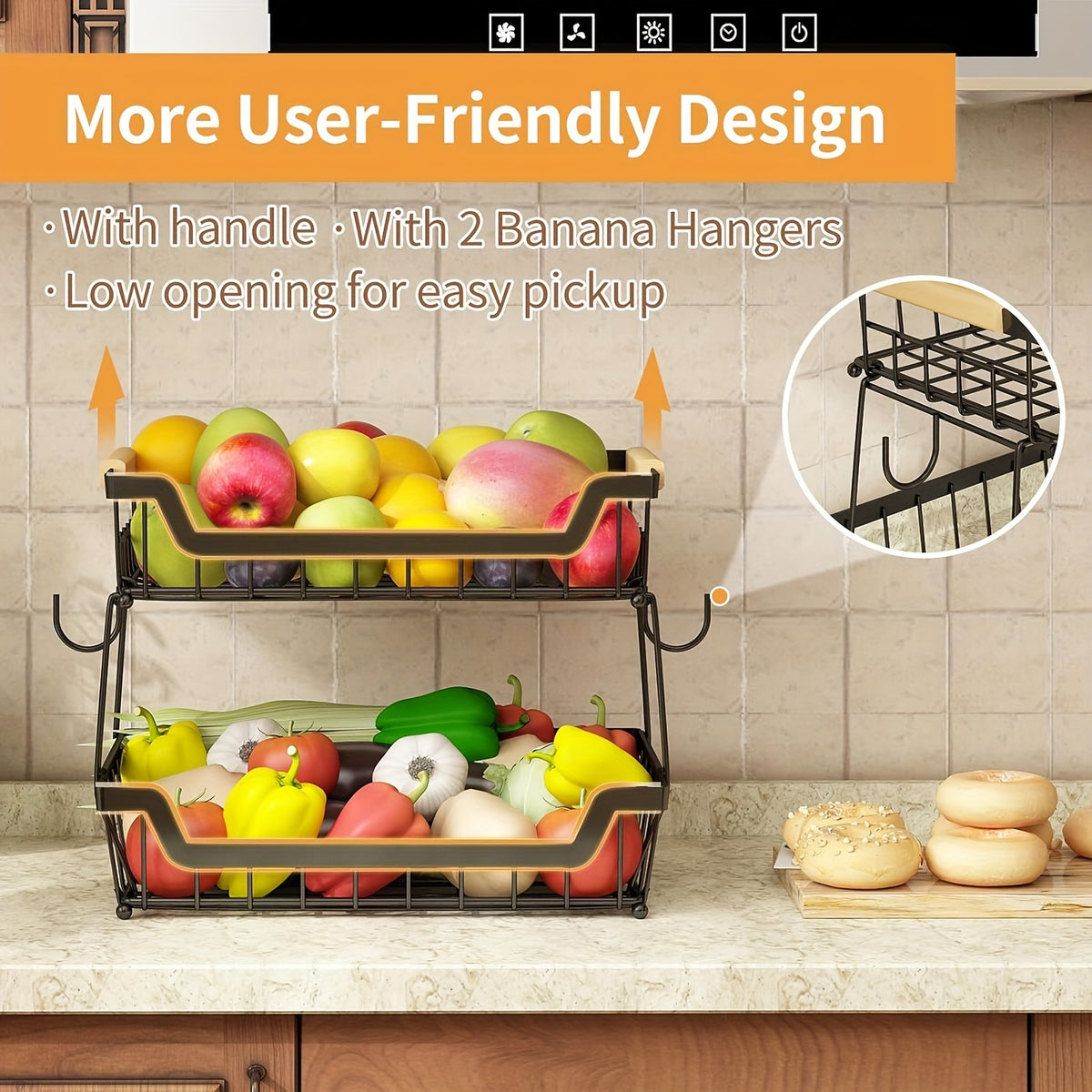 2-Tier Countertop Fruit Basket with 2 Banana Hangers for Kitchen, Detachable Metal Organizer for Bread Vegetable Fruits with Wooden Handle, Large Capacity Rectangular Storage Stand Bowls, Black