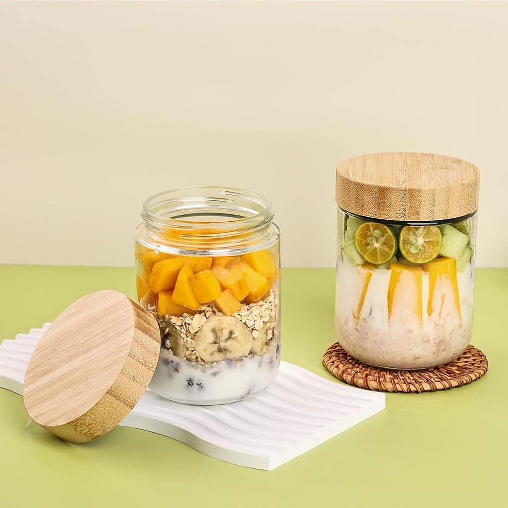 4/6-Pack Overnight Oats Containers with 4/6pcs Spoons And Bamboo Lids, Glass Jars with Airtight Lids for Meal Prep, Wide Mouth Mason Salad Jars, Glass Food Storage Container for Yogurt Chia Snacks Spice Sugar