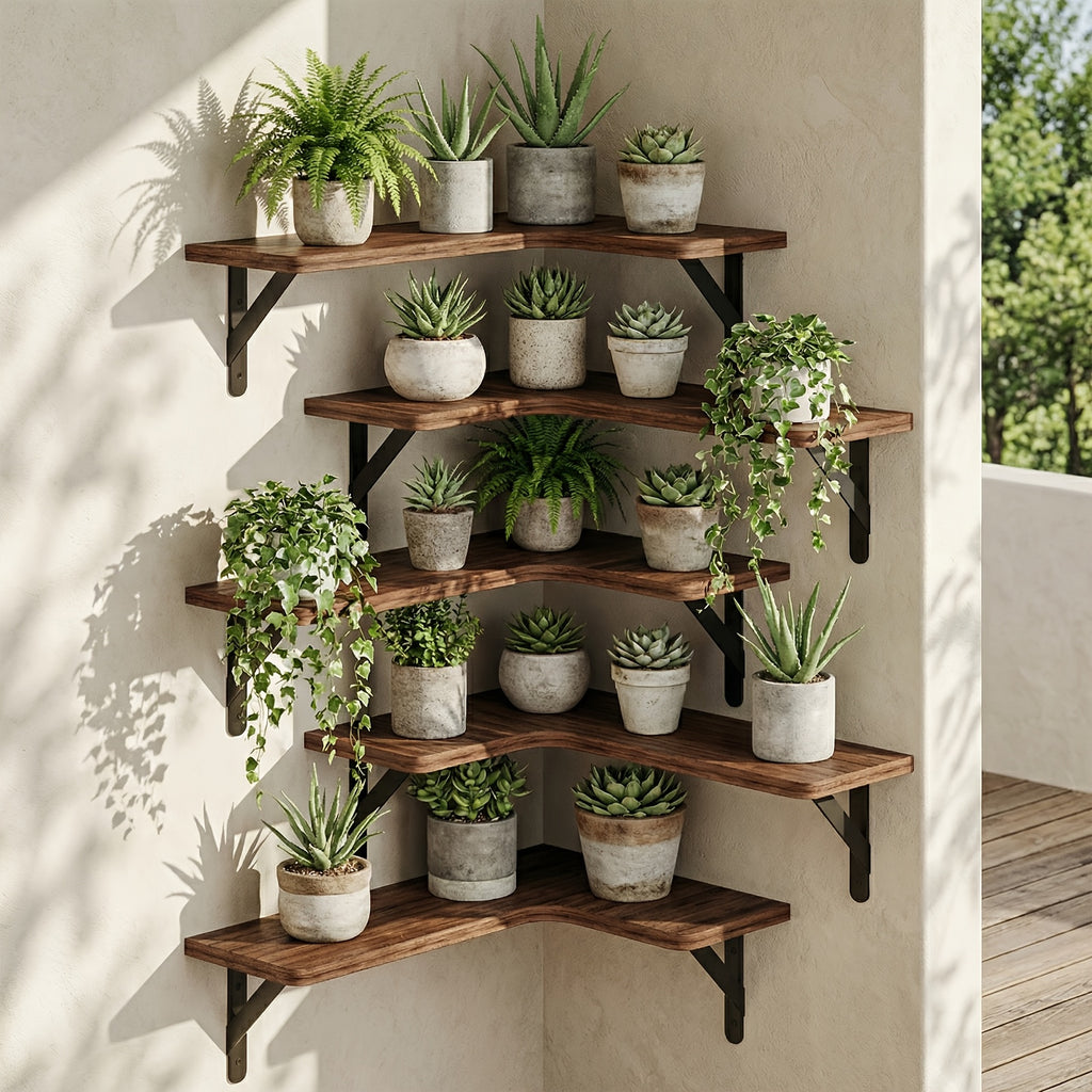 Rustic Wood Corner Floating Shelves, Wall Mounted Display Organizers in Multiple Colors for Plants, Bedroom, Living Room and Kitchen Decor