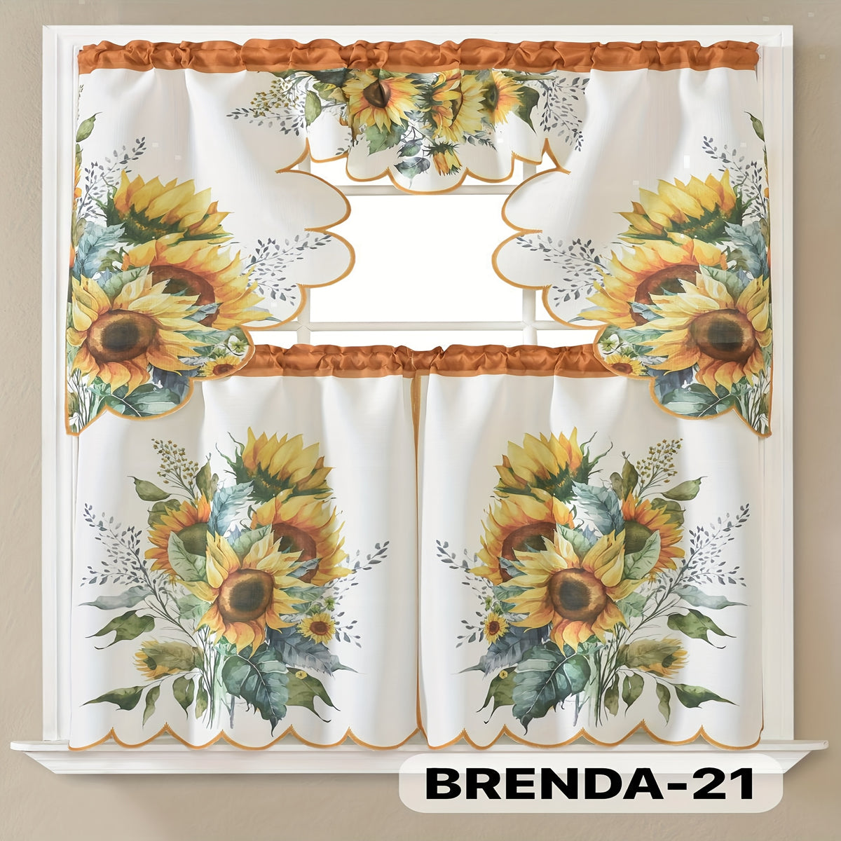 3pcs Bamboo Embroidered Kitchen Curtain Set, Floral Embroidery, Lightweight and Soft, Easy Care, Machine Washable, Satin Fabric, Embroidered