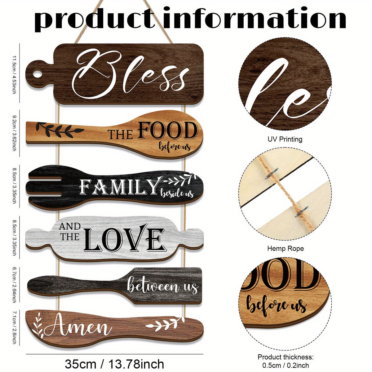 6 Pieces Bless The Food Before Us Farmhouse Kitchen Wall Decor Wood Board Set - Dining Room Decor Hanging Wall Art, Simple Rustic Style - Wood Rope Plaque Sign
