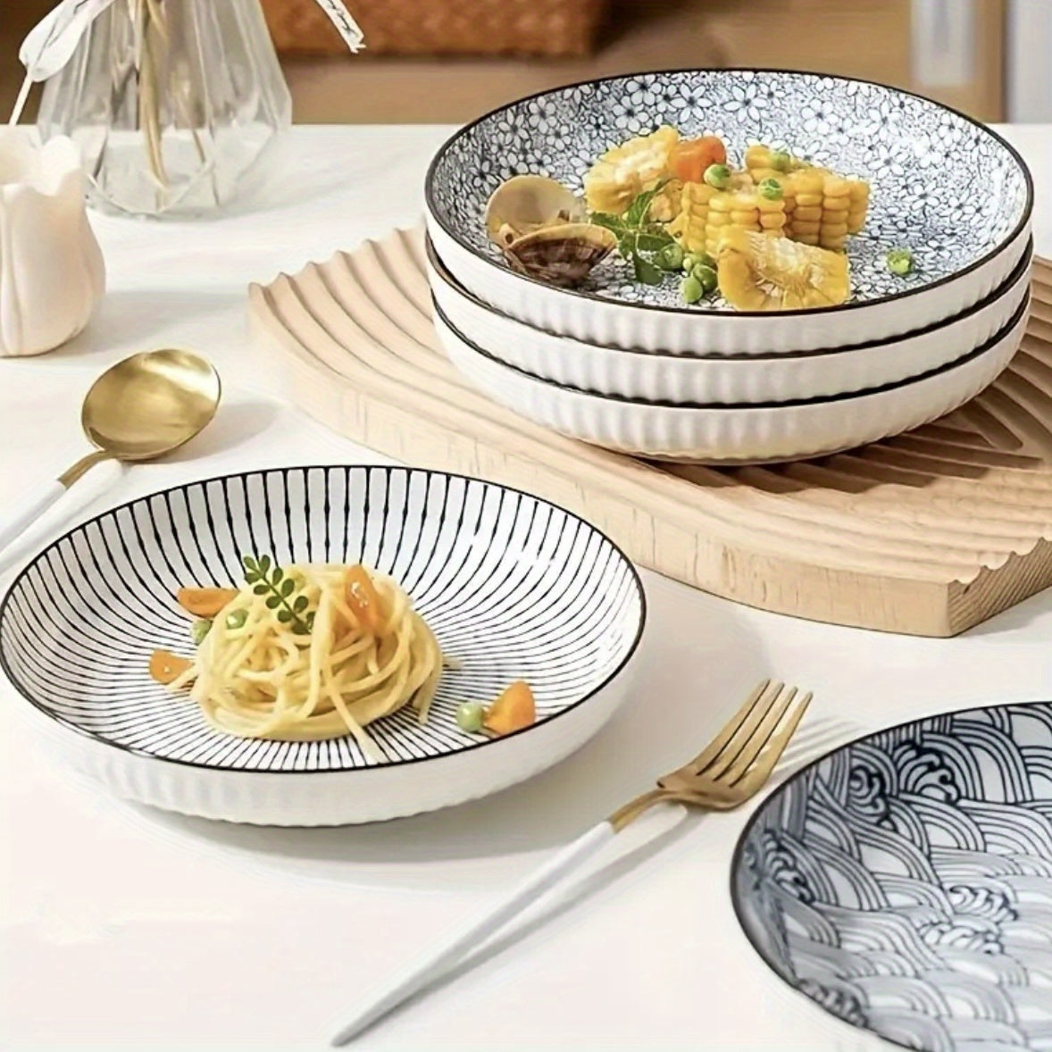 4pcs Set Of Japanese-style Ceramic Floral Plates Yamada Household Serving Plate, Nordic-style Steak Plate, Ceramic 7-inch Deep Plate, Non-slip Edge, Underglaze Color Round Plate