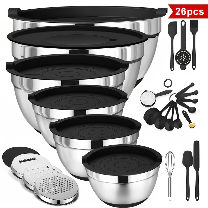 26pcs Stainless Steel Mixing Bowl Set With Sealed Lid And Anti Slip Silicone Bottom, 6 Bowls 4.5, 3.6, 2.7, 2.1, 1.7, 1.1QT Sizes+kitchen Tools, Suitable For Baking, Salad Making, Mixing, Kitchen Tidying, Christmas, Father'S Gifts, Gifts For Men