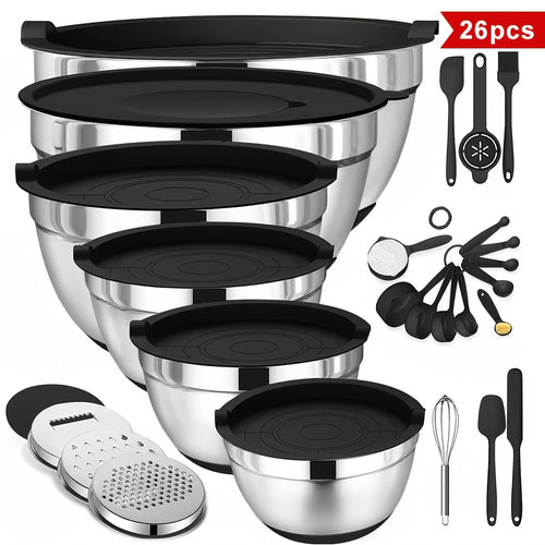 26-Piece Mixing Bowl Set, Six Stainless Steel Bowls with Sealed Lids and Non-Slip Silicone Bases in 1.1 to 4.5 QT Sizes for Baking and Salad Prep