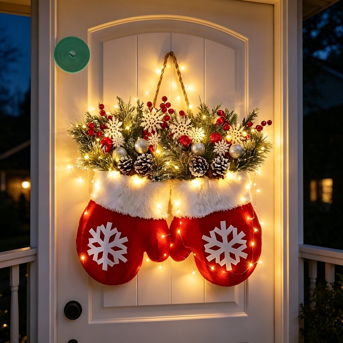 LED Twinkling Christmas Wreath with Twinkling & Artificial Pine Garland - Suitable for Front Door, Wall Decor, / Holiday Decoration - Plastic Mitten Wreath with Red Berries and Pine Branches Halloween Christmas