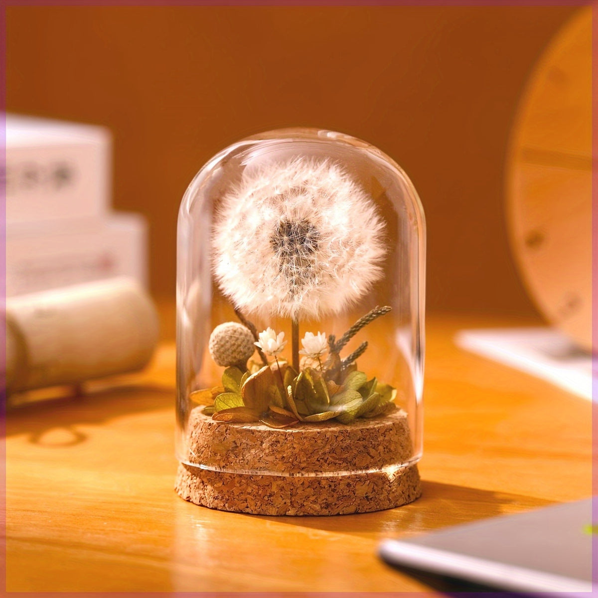 Eternal Dandelion in Glass Dome Decoration - Preserved Floral arrangement with Transparent Display Case, No Electricity Needed Home/Office/Desk Decor - Perfect Gift Box for Mother's Day, Birthday, Christmas, Teacher Appreciation - Long-Lasting Keepsake, F