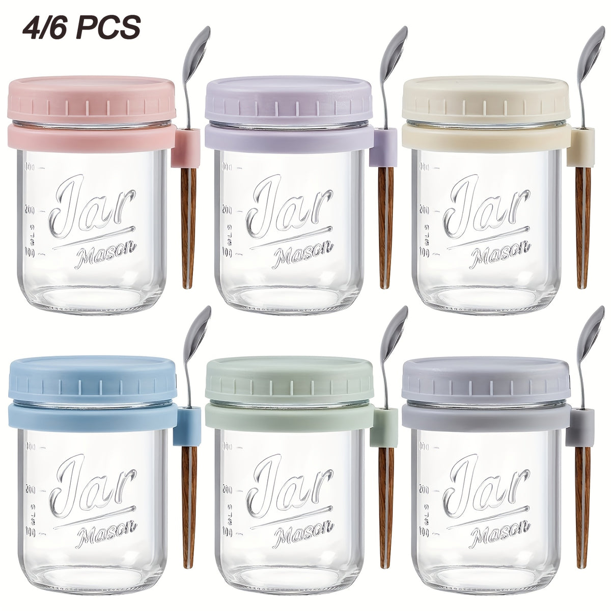 4/6pcs(16oz), 8pcs(4pcs 16oz+4pcs 4oz), 12pcs(6pcs 16oz + 6pcs 4oz), Overnight Oats Containers with Lids And Spoons, Glass Mason Overnight Oats Jars, Large Capacity Airtight Jars for Milk, Cereal, Fruit