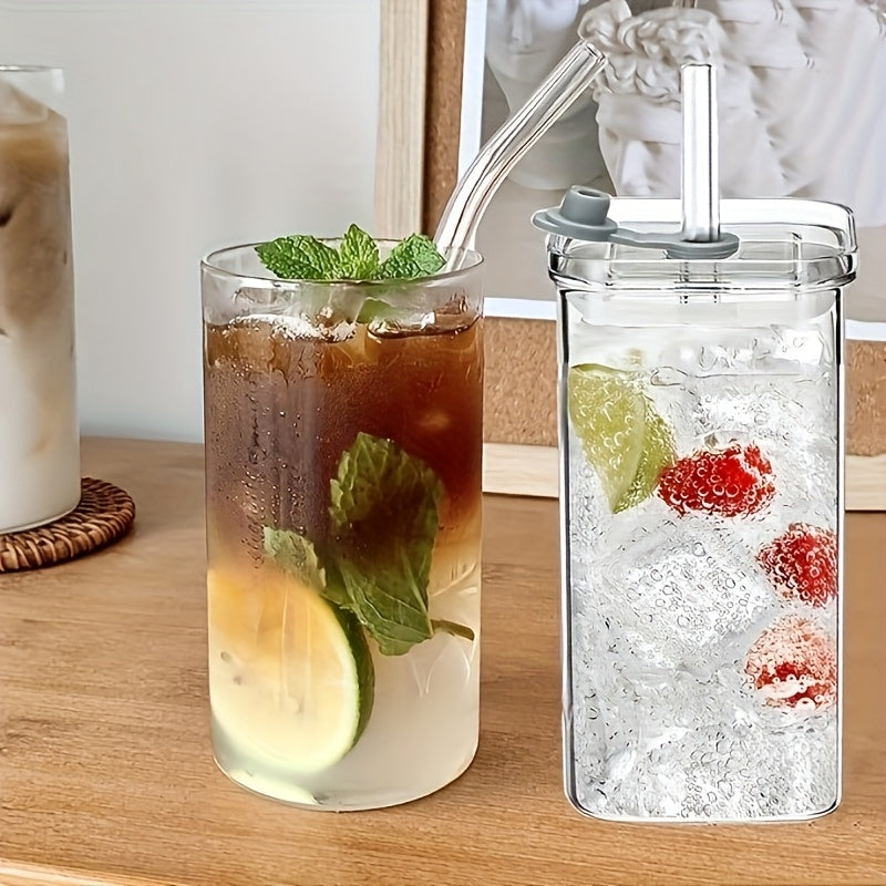 4 Packs/6 Packs, Glass Water Cup, High Borosilicate Glass with Lid And Straw, Women's Korean Square Lid, Transparent, Simple Flat Bottom, Heated Household Coffee Cup, Juice Cup