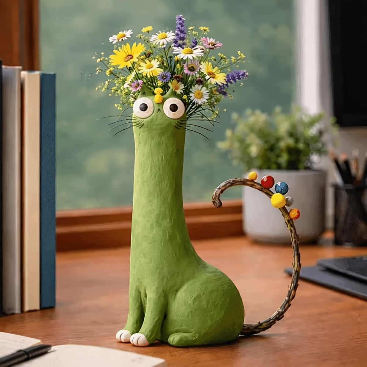 Handmade Bohemian Cat Vase Suitable for - Plastic Cat-Shaped Flower Pot with Retro Style, Desktop Shelf Decoration, Unique Gift for Cat Lovers, Animal Vase for Room Decorations, Plant Holder for Plants & Centerpieces