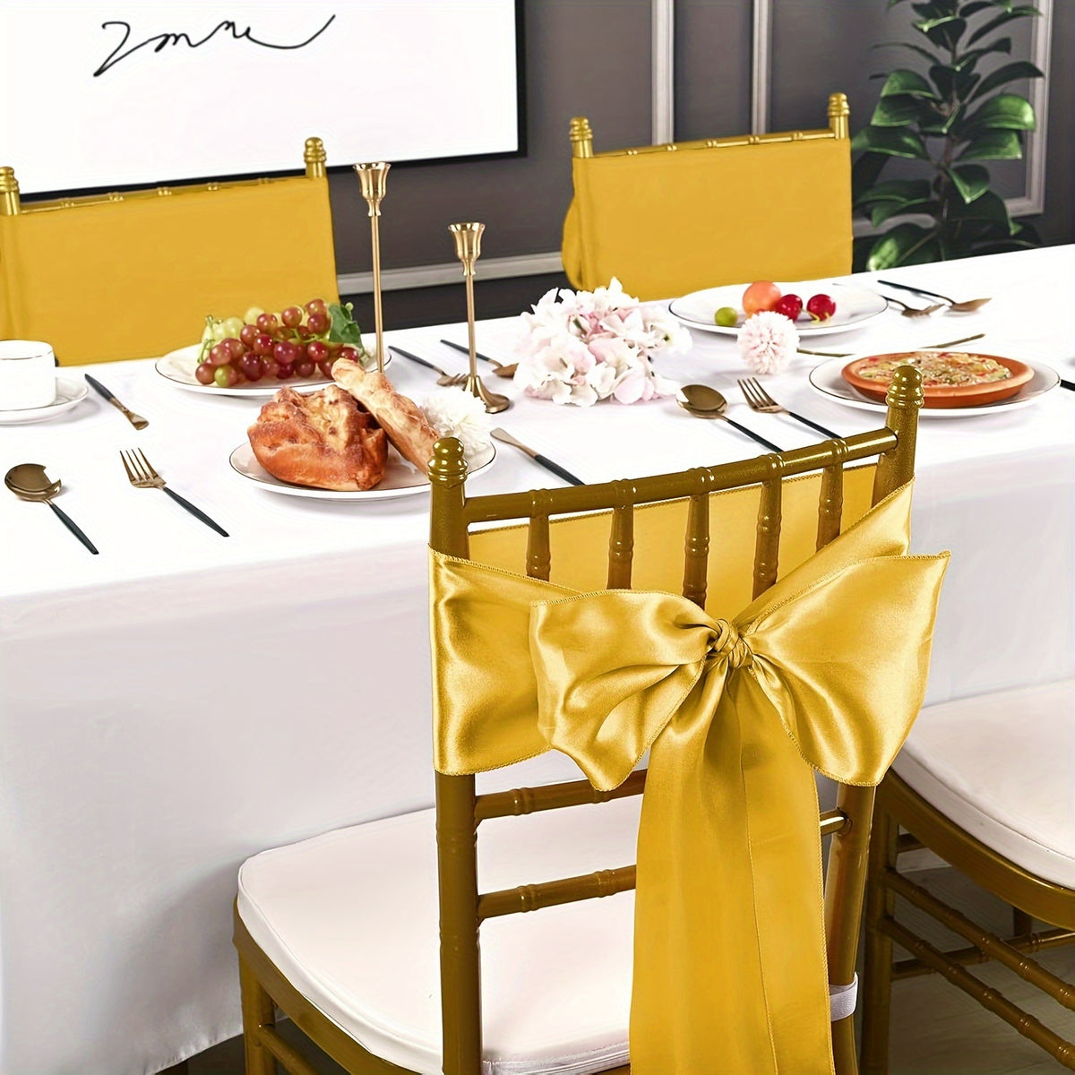 50pcs Satin Chair Waist Belt Bow Universal Chair Cover for Wedding Reception Restaurant Banquet, Party, Hotel Event Decoration (7 X 108 Inches)
