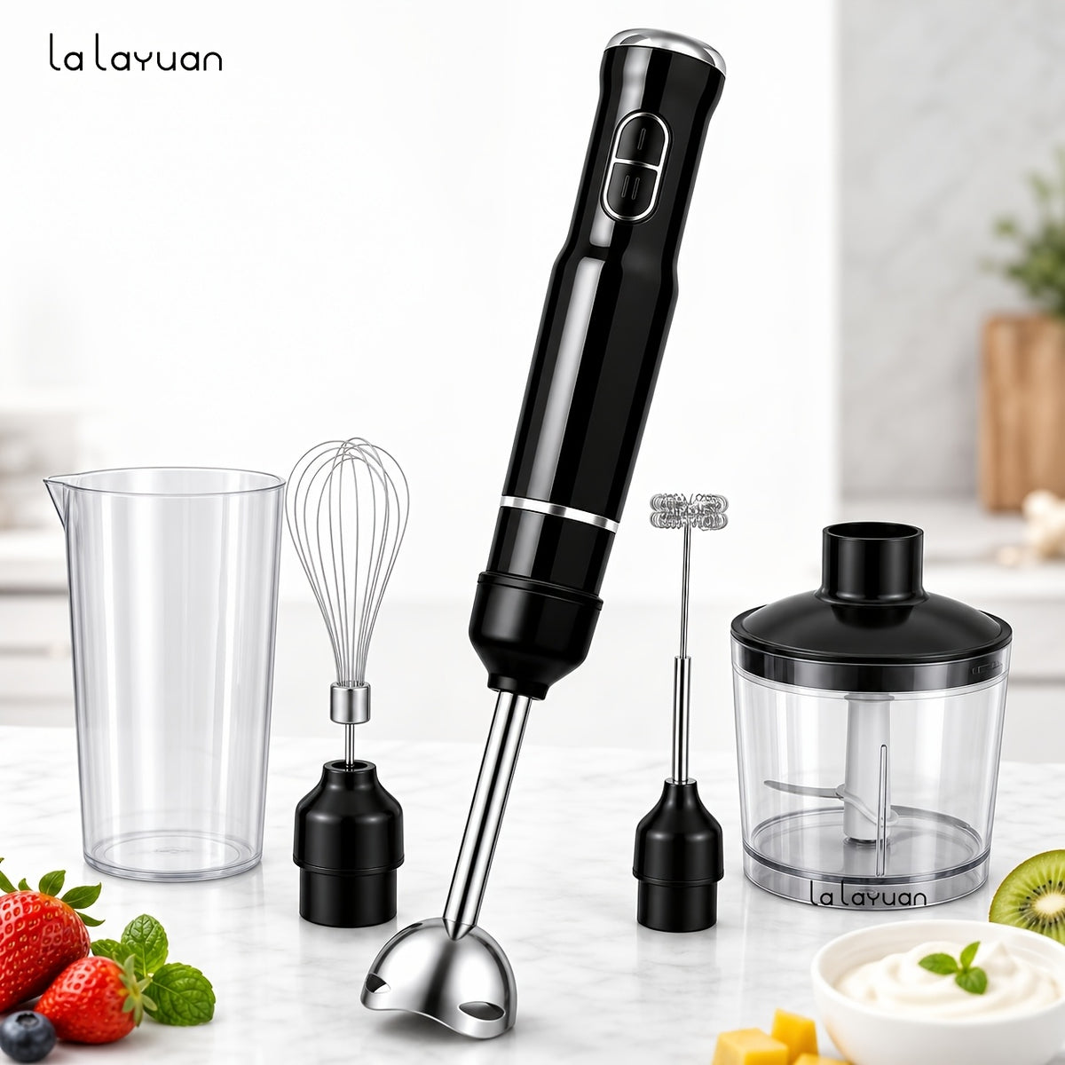 Lalayuan Electric Immersion Blender, Power Handheld Blender, 400W Portable Stick Mixer with 2 Mixing Speeds&Turbo Mode, 304 Stainless Steel Blades, Easy to Grip Speed Corded Hand Mixer, Perfect for Soup Smoothie Puree Food Fruit, with Detachable Base