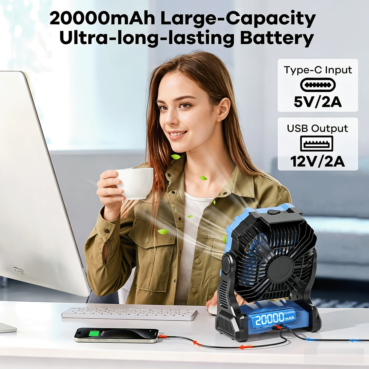 20000mAh Rechargeable Camping Fan, Basic/ Misting/ Solar Panel Options, 4 Speed Settings, RGB Mood Lighting, Tent Hook, Phone Charging, Portable Outdoor Fan For Camping, Sports Events, Power Outages & Construction Sites