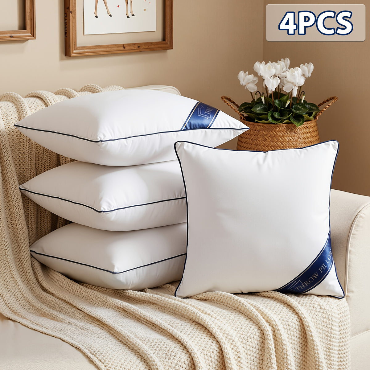 4pcs High-quality Decorative Pillow Core, Outdoor/Indoor Square Pillow, Ultra-Fluffy, Skin-Friendly, Cloud-Like Softness & Quick Reboun, Ideal for Sofa, Recliner, Bed, Garden, Courtyard, Multiple Uses, A Perfect Gift for The Family