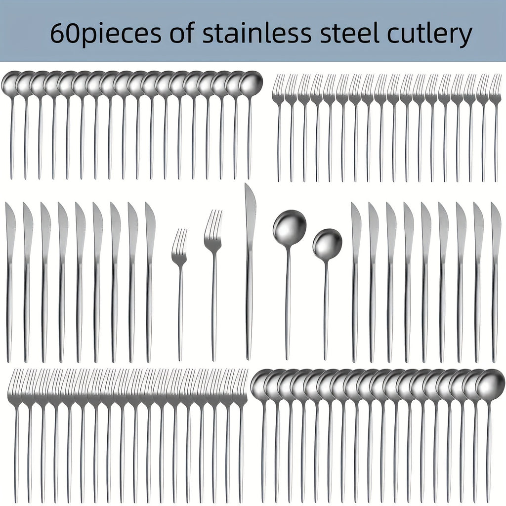 30/60pcs Stainless Steel Cutlery Set, Including Steak Knife, Fork, Spoon And Teaspoon, Dinner Fork, Dinner Spoon, Fruit Fork, Dessert Spoon, Coffee Spoon, Mirror Polished, Suitable for Family Restaurants, Hotels, Parties, Weddings, Copper Cutlery Se