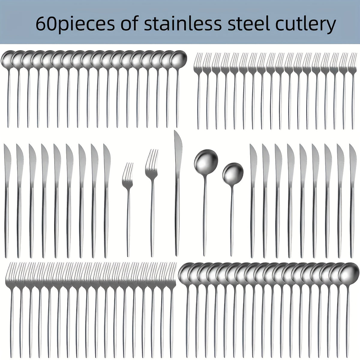 30/60pcs Stainless Steel Cutlery Set, Including Steak Knife, Fork, Spoon And Teaspoon, Dinner Fork, Dinner Spoon, Fruit Fork, Dessert Spoon, Coffee Spoon, Mirror Polished, Suitable for Family Restaurants, Hotels, Parties, Weddings, Copper Cutlery Se