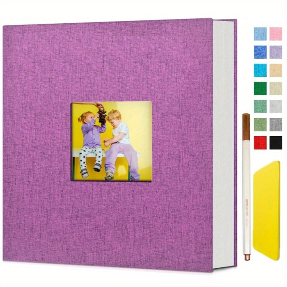 11.5*10.6in Photo Album Self Adhesive With Picture Display Window, 40/ 60 Pages Baby Memory Book For 4x6 8x10 Picture, Linen Cover Scrapbook For Wedding, Back To School Gifts, With Scraper And Two Metallic Pens Valentines Day Gifts
